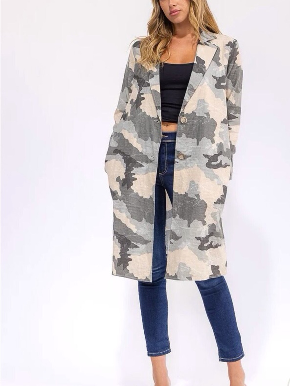 0305.  Neutral Camo Longline Coatigan - Women's Beige & Gray Camouflage